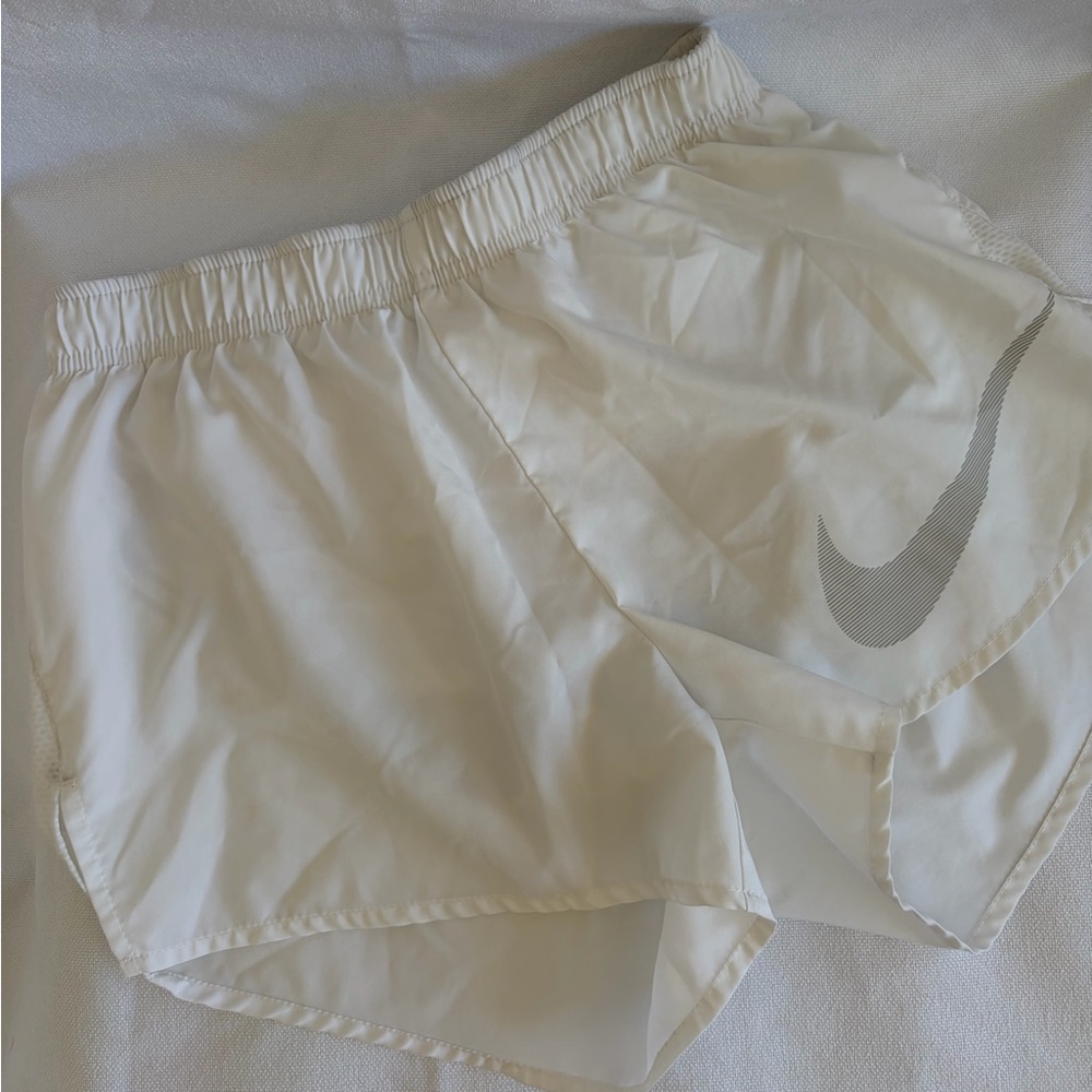 Nike Dri-Fit White Women's Athletic Running Shorts with Grey Swoosh, Small